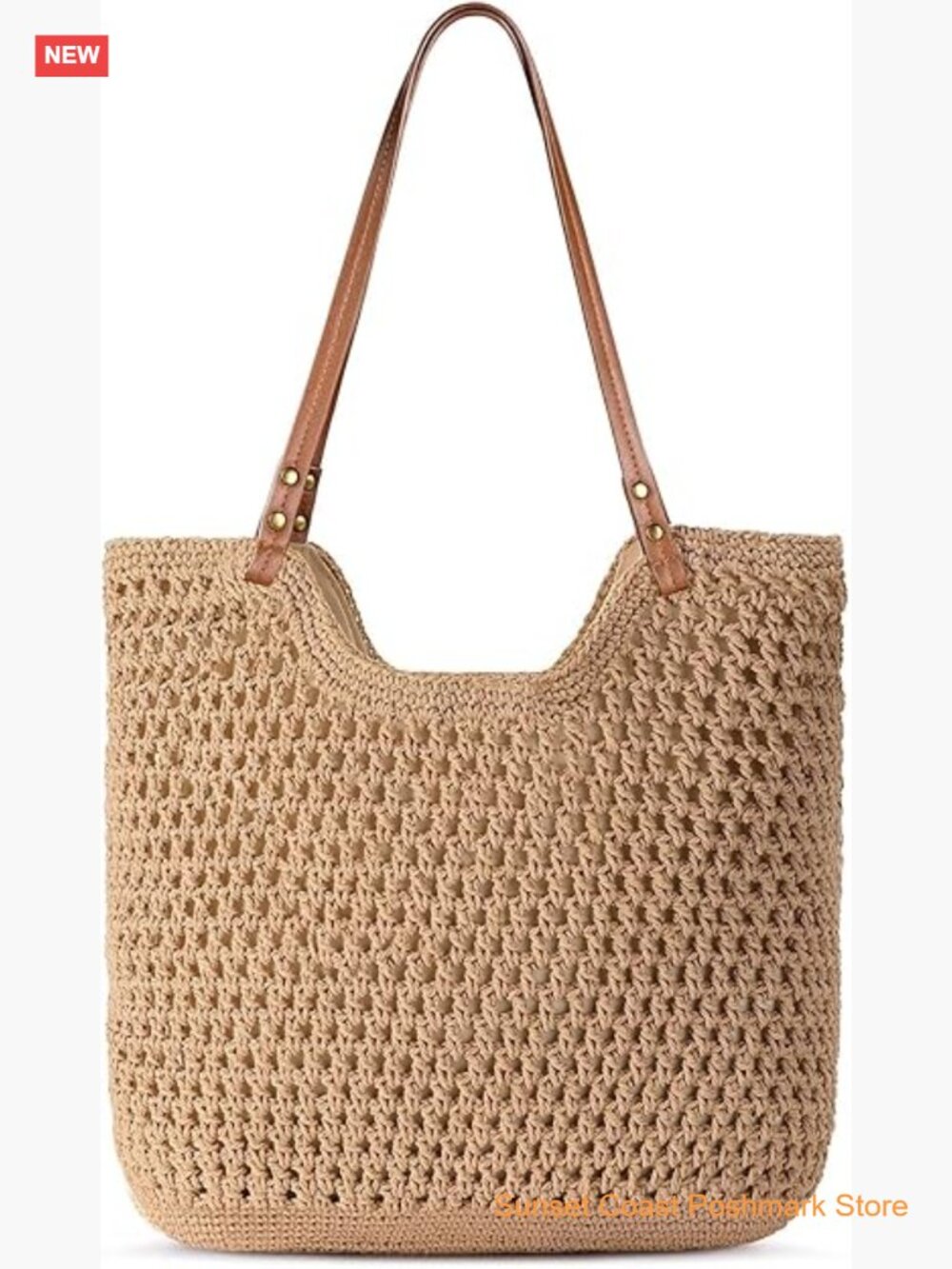 Woven Crochet Tote Bag with Brown Leather Handles - Natural